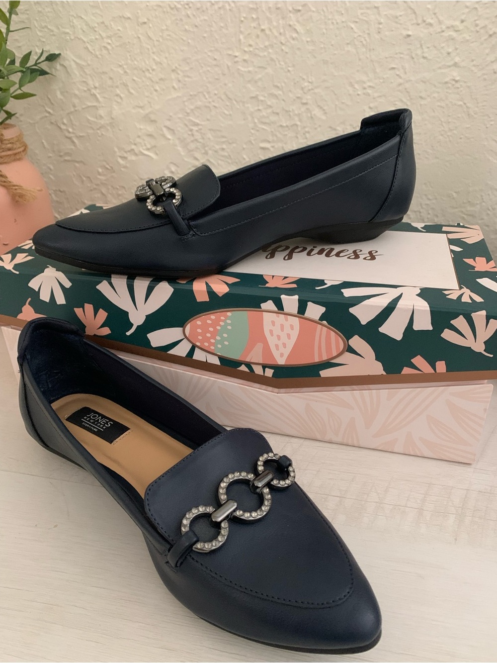 Jones New York Navy Pointed Toe Loafers with Decorative Chain